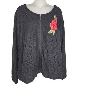 Adiva Women's Lace Jacket Black Floral Rose Long Sleeve Full Zip Front Size 2X